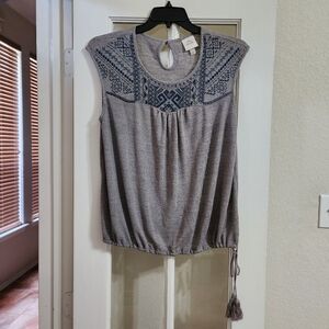 Knox Rose Gray Embroidered Boho Blouson Top Tassel Size Large